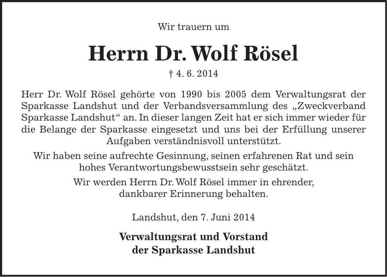 Traueranzeige Wolf Rösel