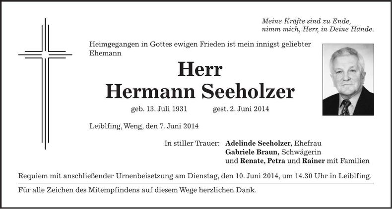Traueranzeige Hermann Seeholzer