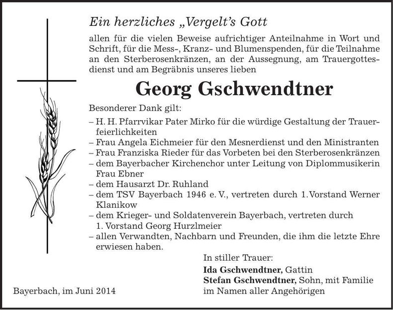 Traueranzeige Georg Gschwendtner