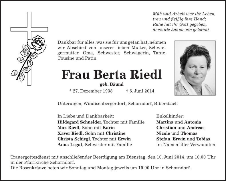 Traueranzeige Berta Riedl