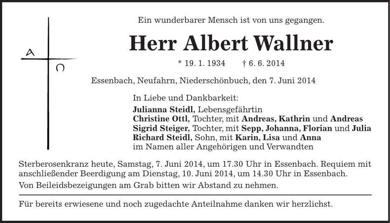 Traueranzeige Albert Wallner