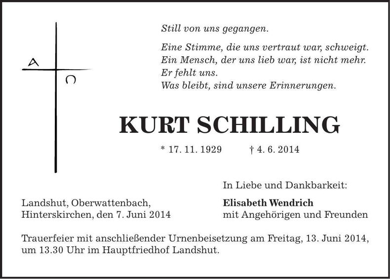 Traueranzeige Kurt Schilling