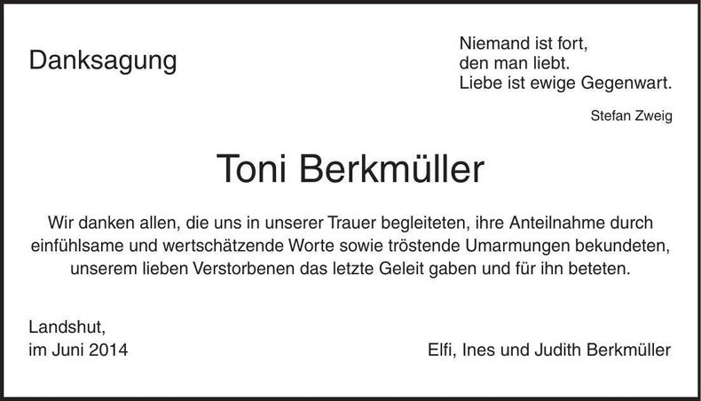 Traueranzeige Toni Berkmüller