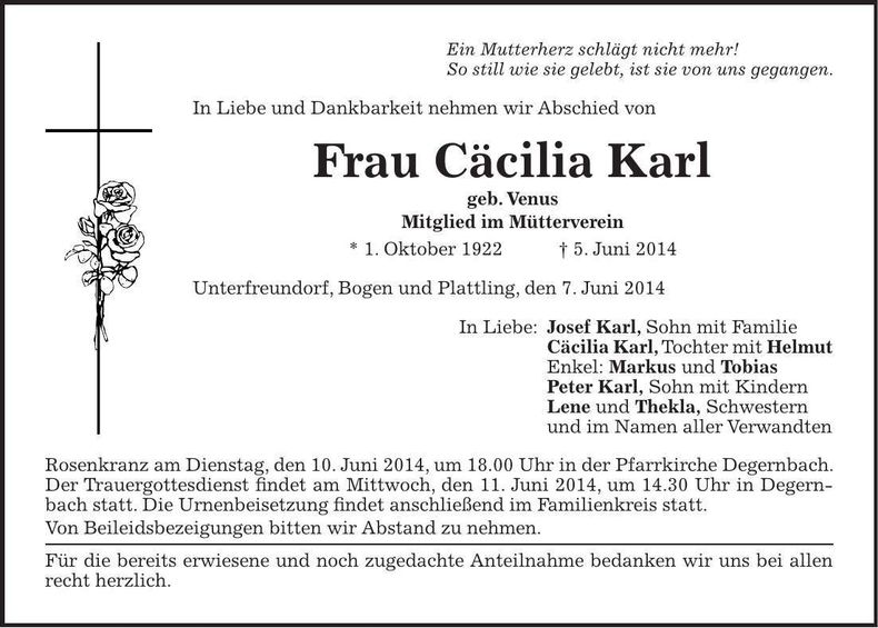 Traueranzeige Cäcilia Karl