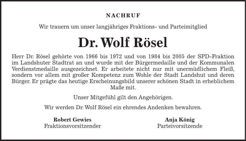Traueranzeige Wolf Rösel