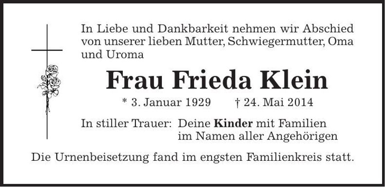 Traueranzeige Frieda Klein