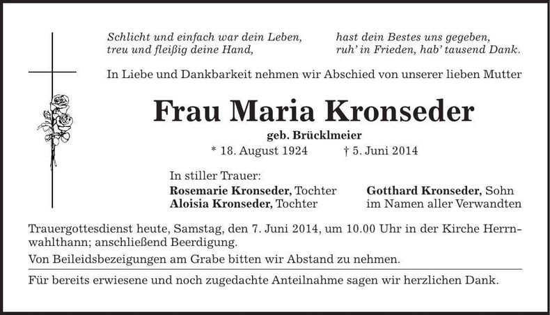 Traueranzeige Maria Kronseder