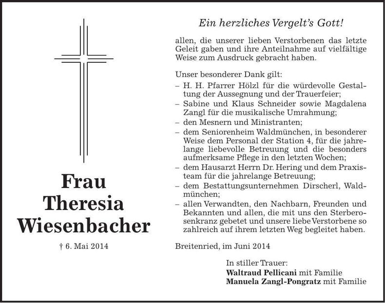 Traueranzeige Theresia Wiesenbacher
