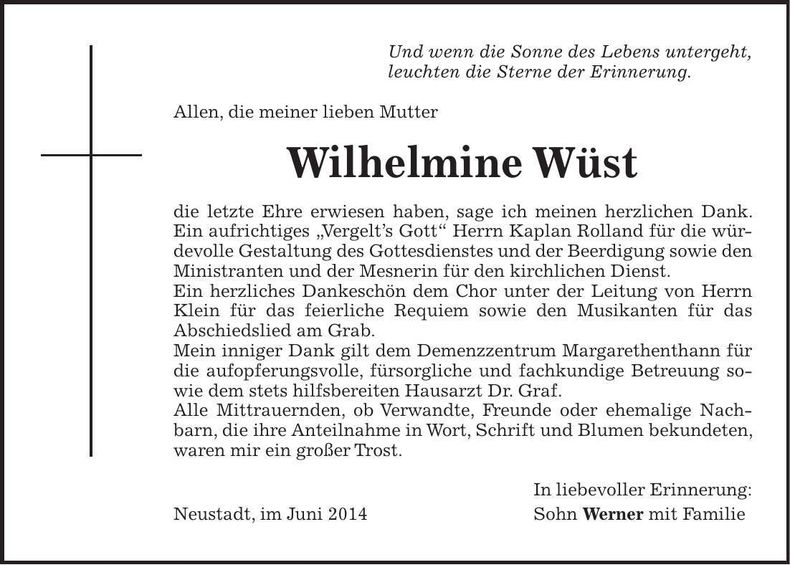 Traueranzeige Wilhelmine Wüst