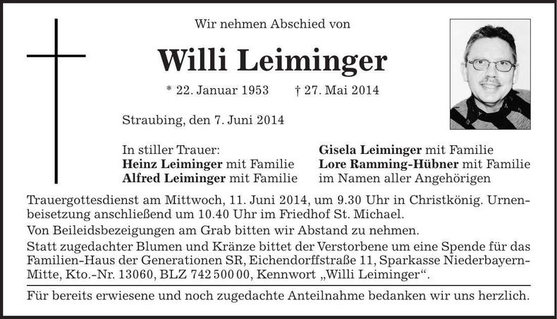 Traueranzeige Willi Leiminger