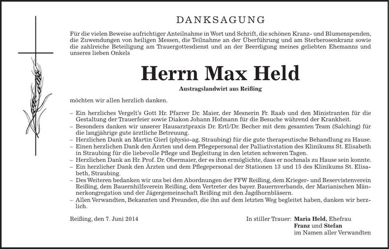 Traueranzeige Max Held
