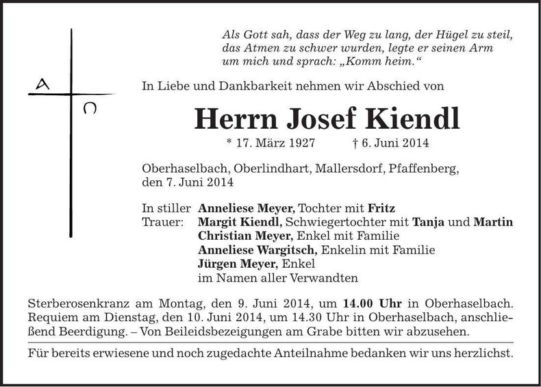 Traueranzeige Josef Kiendl