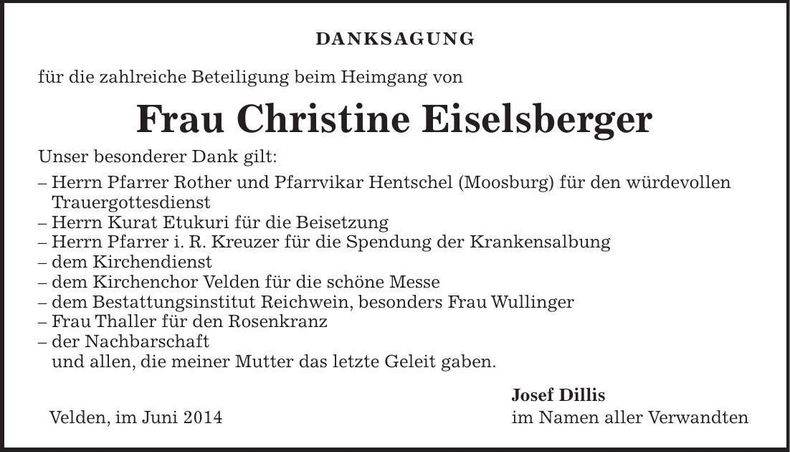 Traueranzeige Josef Dillis