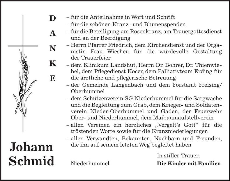 Traueranzeige Johann Schmid