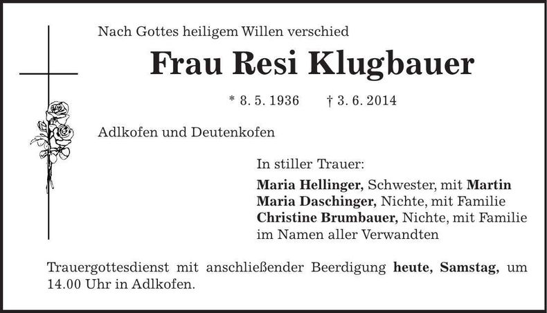 Traueranzeige Resi Klugbauer