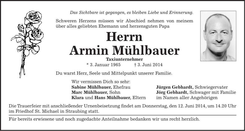 Traueranzeige Armin Mühlbauer