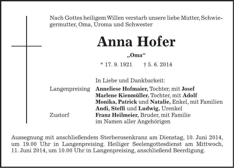 Traueranzeige Anna Hofer