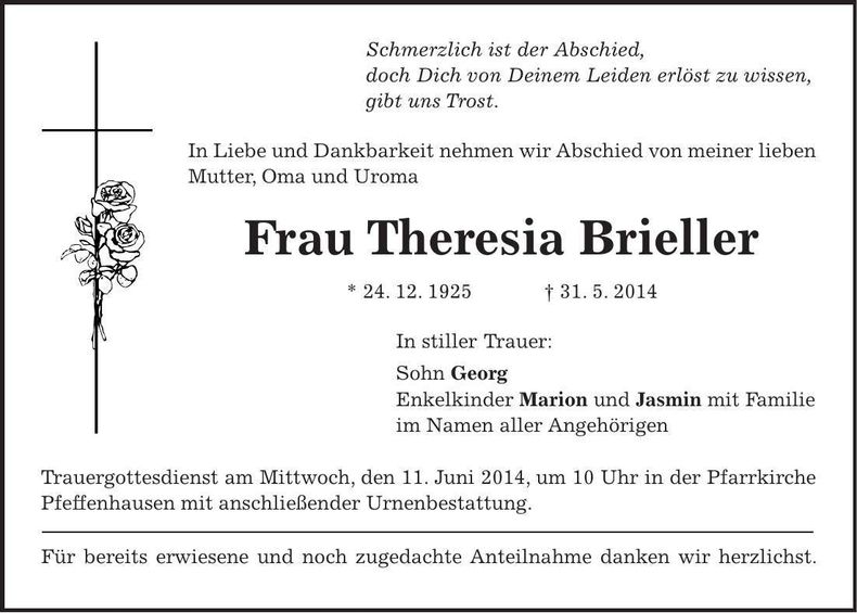 Traueranzeige Theresia Brieller