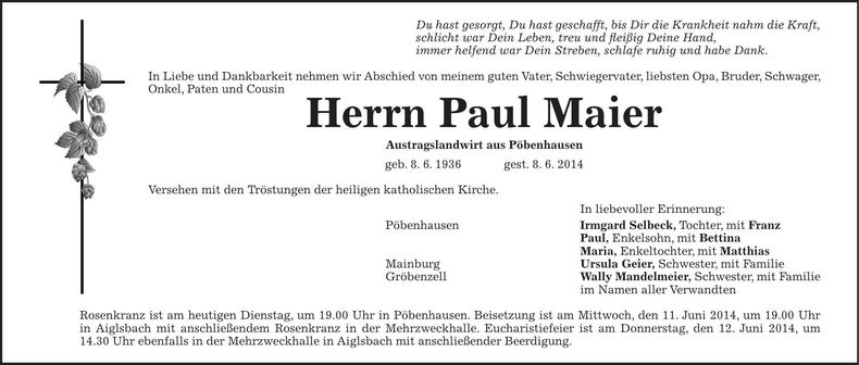 Traueranzeige Paul Maier