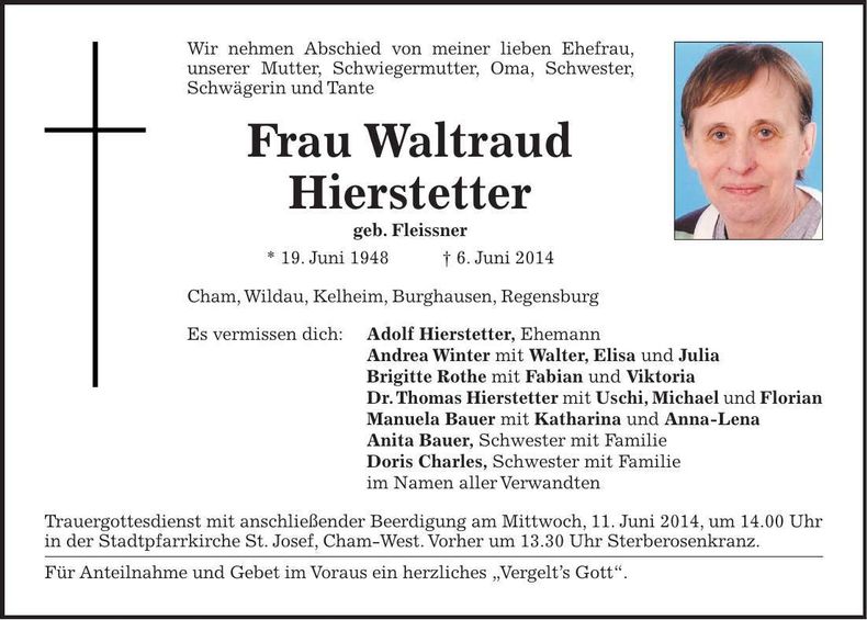 Traueranzeige Waltraud Hierstetter
