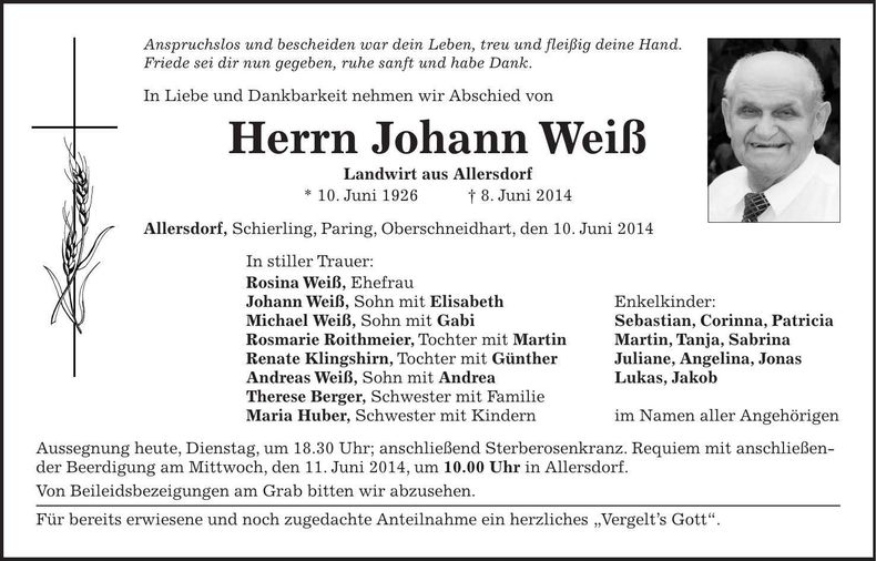 Traueranzeige Johann Weiß