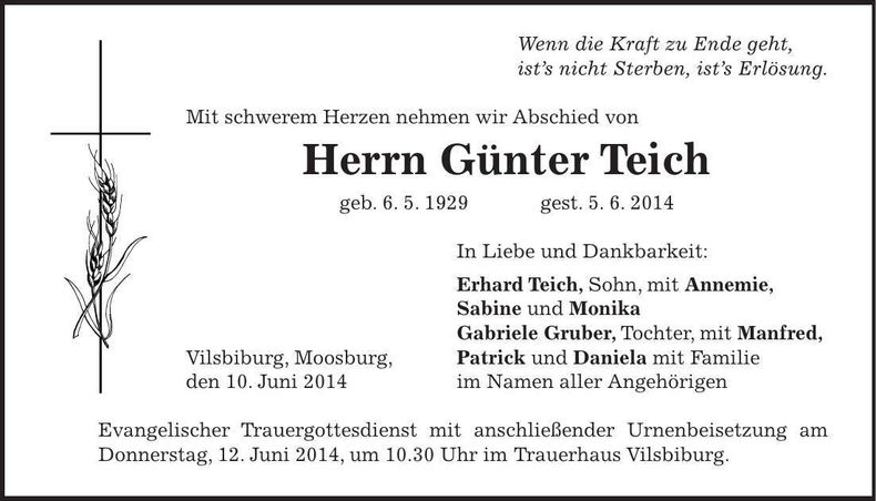 Traueranzeige Günter Teich
