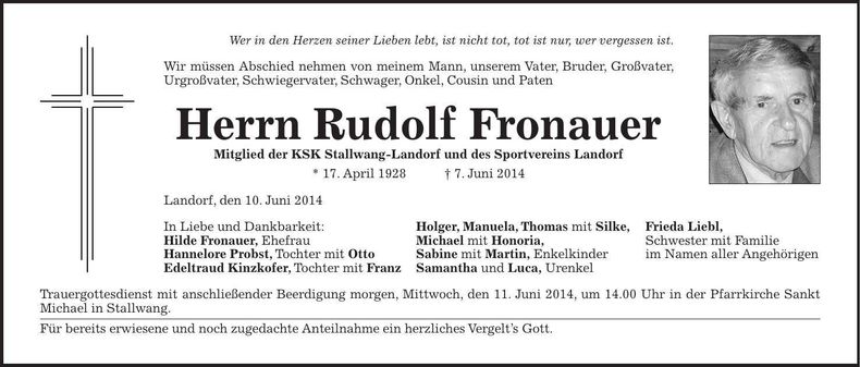 Traueranzeige Rudolf Fronauer