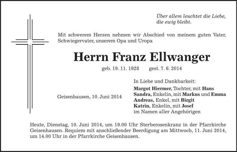 Traueranzeige Franz Ellwanger