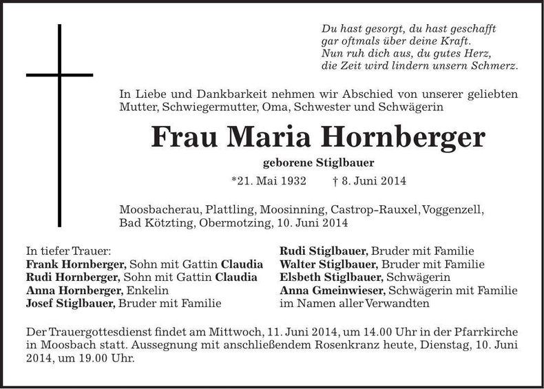 Traueranzeige Maria Hornberger