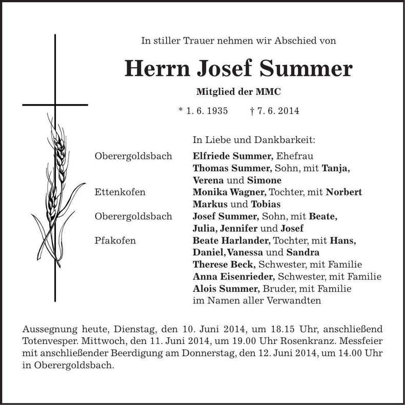 Traueranzeige Josef Summer