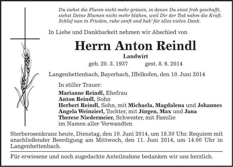 Traueranzeige Anton Reindl