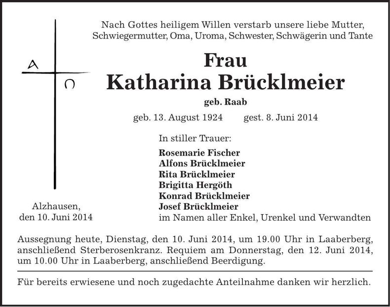 Traueranzeige Katharina Brücklmeier