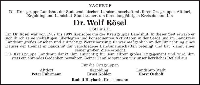Traueranzeige Wolf Rösel