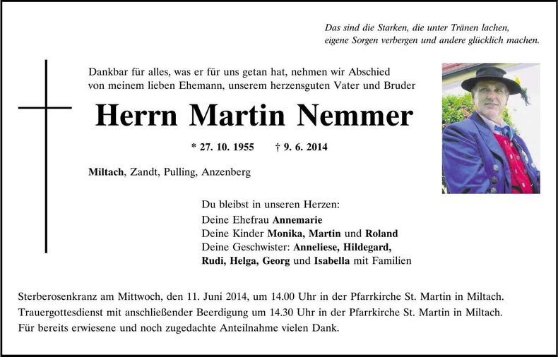 Traueranzeige Martin Nemmer