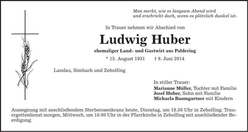 Traueranzeige Ludwig Huber