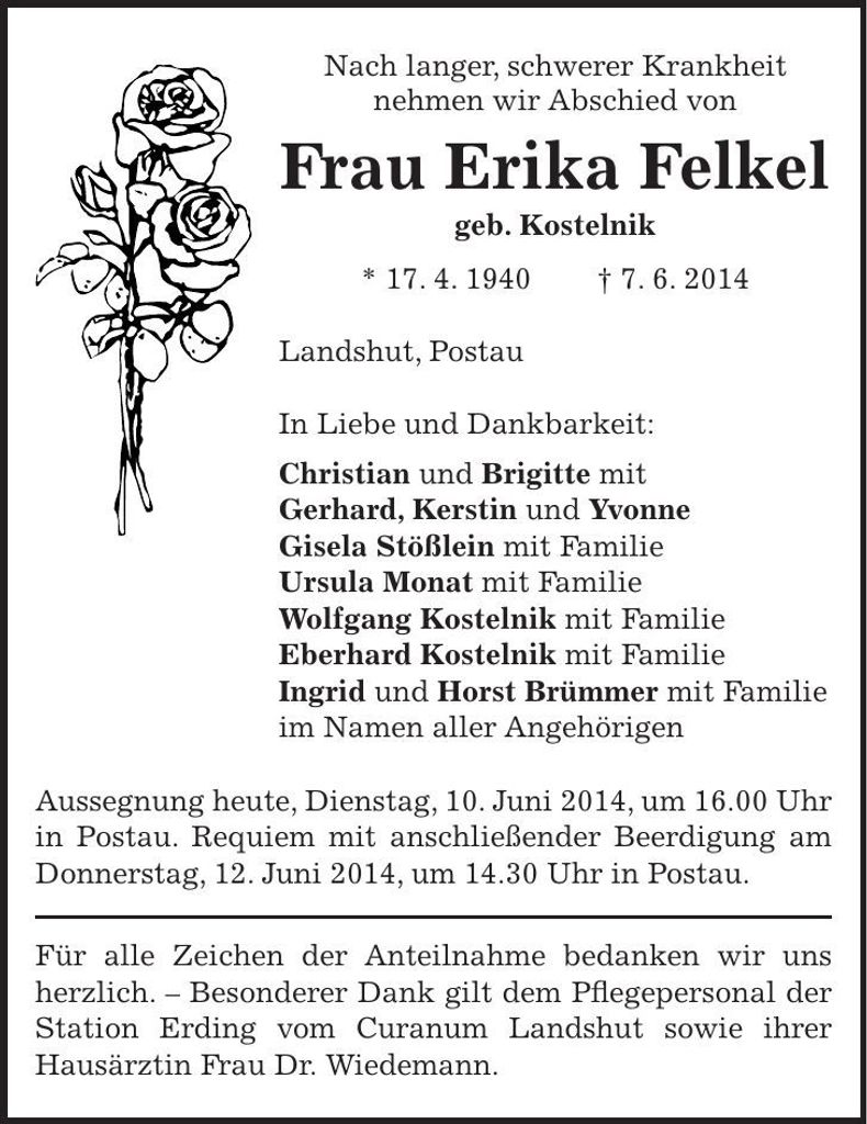 Traueranzeige Erika Felkel