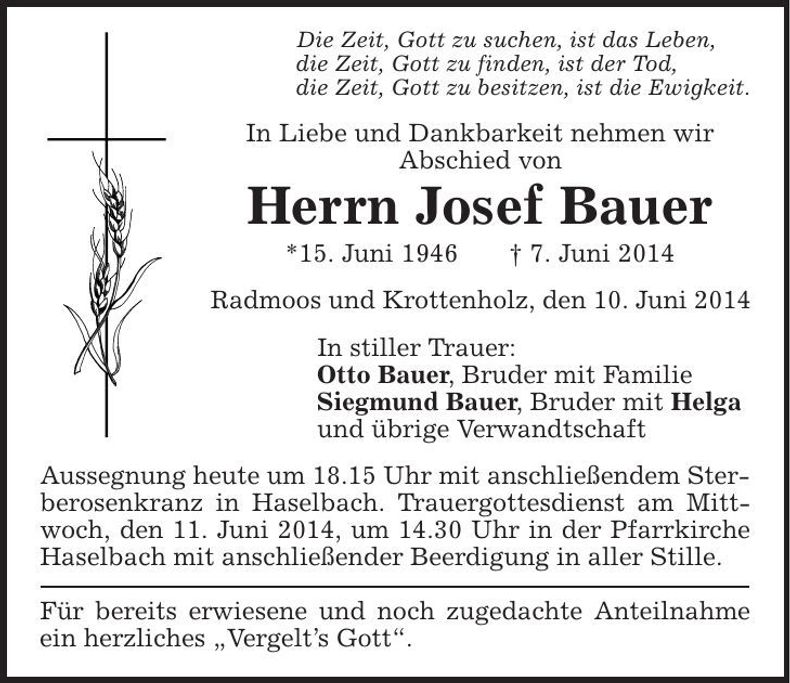 Traueranzeige Josef Bauer