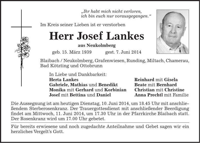 Traueranzeige Josef Lankes