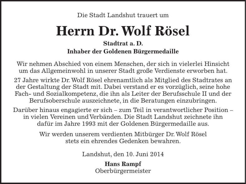 Traueranzeige Wolf Rösel