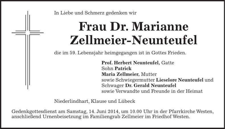 Traueranzeige Marianne Dr. Zellmeier-Neunteufel