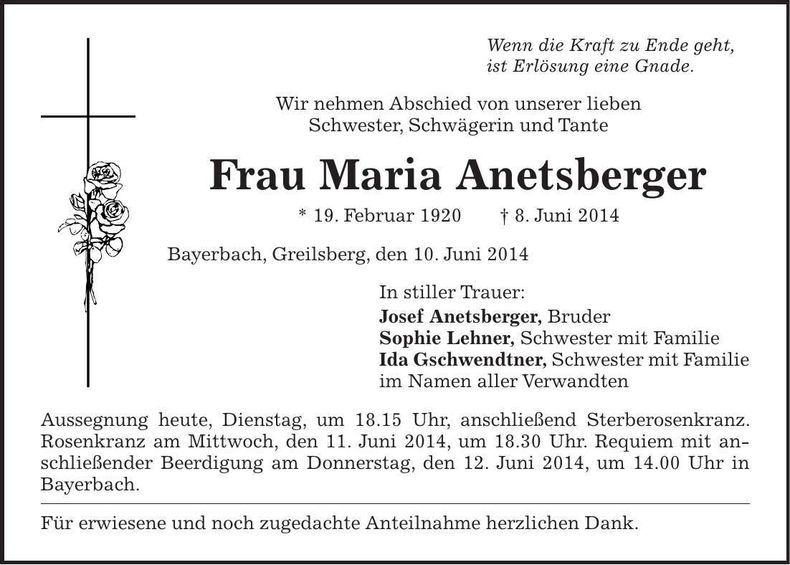 Traueranzeige Maria Anetsberger