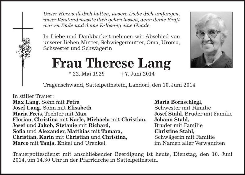 Traueranzeige Therese Lang