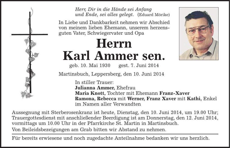 Traueranzeige Karl Ammer