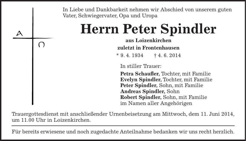 Traueranzeige Peter Spindler