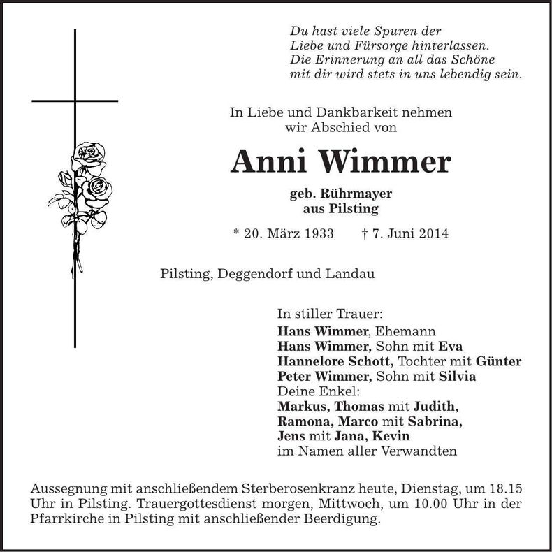 Traueranzeige Anni Wimmer