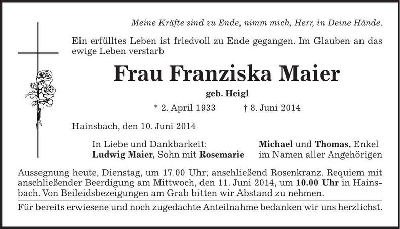 Traueranzeige Franzsika Maier