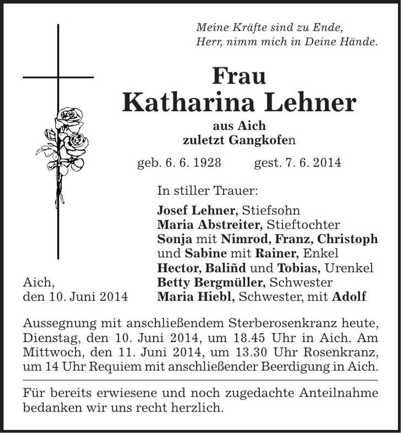 Traueranzeige Katharina Lehner