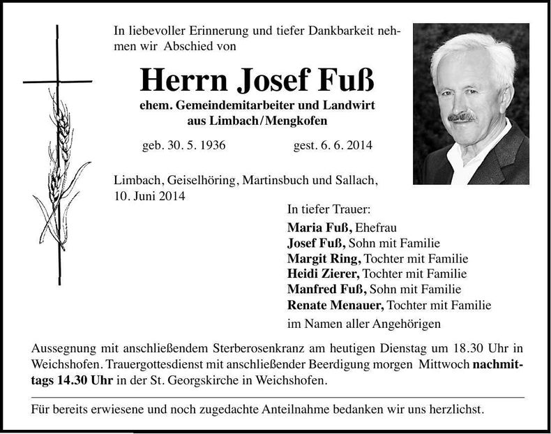 Traueranzeige Josef Fuß