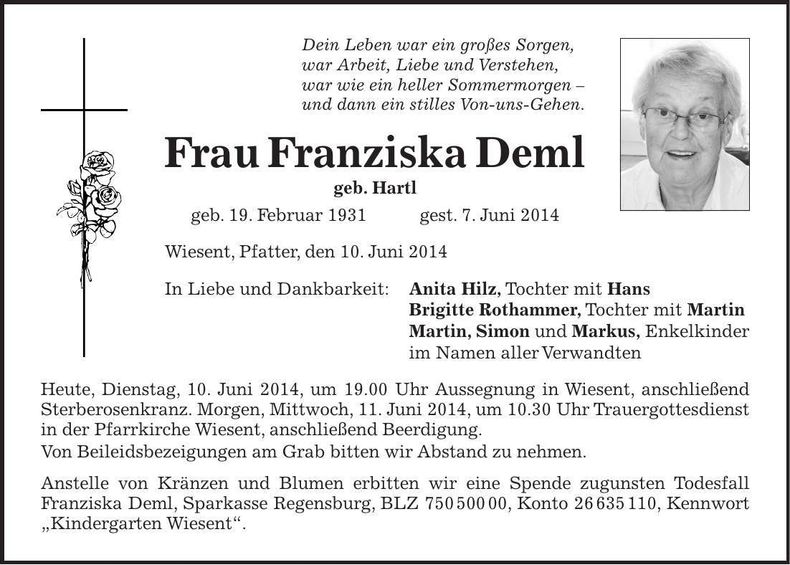 Traueranzeige Franziska Deml