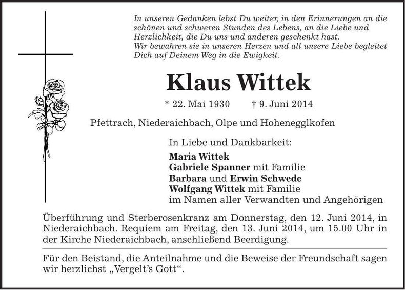 Traueranzeige Klaus Wittek